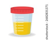 Urine analysis. Urine test icon. Pee sample in a plastic box. Medical sample in a glass tube. Laboratory container. Vector illustration