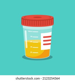 Urine analysis. Urine test icon. Pee sample in a plastic box. Medical sample in a glass tube. Laboratory container. Vector illustration flat cartoon design. Isolated on white background.