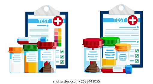 Behälter für Urin-, Blut- und Stuhlproben mit medizinischem Testbericht auf Zwischenablage. Laboranalysekonzept für die Gesundheitsdiagnostik.