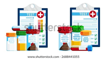 Urine, blood and stool sample containers with medical test report on clipboard. Laboratory analysis concept for healthcare diagnosis.