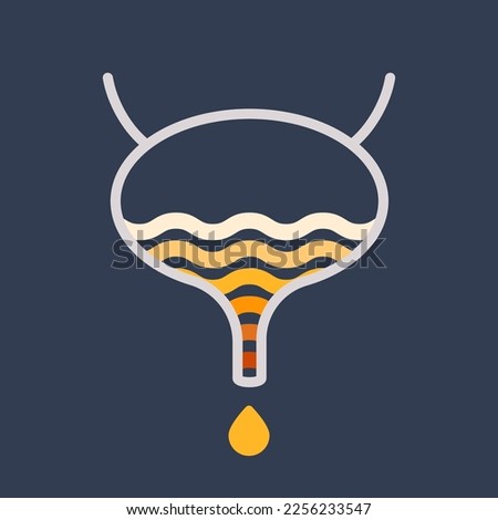 Urine color chart diagram. Bladder with urine drops showing different hydration level. Straw yellow to brown pee specimen. Medical concept. Vector illustration.