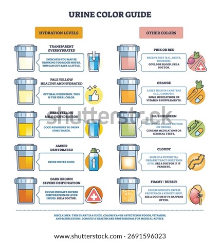 Urine color guide shows a hydration chart with sample cups and color scale, explaining meanings from transparent to dark brown and other hues for health cues. Outline diagram