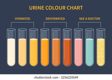 Urine colour chart. Hydration and dehydration level diagram. Medical urinal test kit for urinary tract infection research. Containers with yellow to brown pee for urinalysis. Vector illustration.