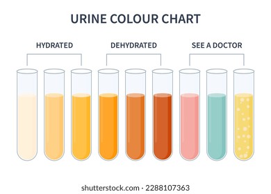 Urin-Farbdiagramm. Hydratations- und Dehydratationsdiagramm. Medizinischer Urinaltest für die Harnwegsinfektionsforschung. Behältnisse mit gelber bis brauner Piss für die Urinalyse. Vektorgrafik.