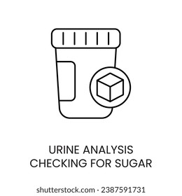 Urine container for analysis, sugar level measurement, vector line icon for medical documentation about diabetes