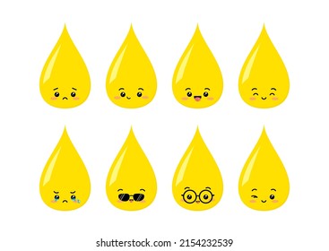 Urine pee drop cartoon character vector icon. Cute happy smiling sad wink and with eyeglasses urine, vitamin, oil drop illustration isolated on white background. Kawaii emoji mascot droplet set