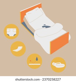 Cama de enfermería en suciedad con orina. Medidas contra la incontinencia. Esos son pañales, toallitas de orina, lonas y botellas de orina.