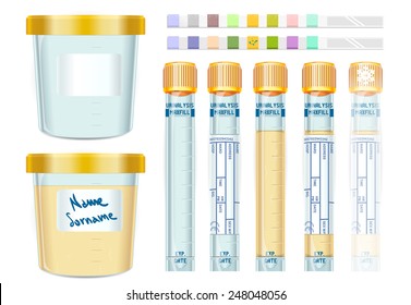 Urine Test Laboratory Equipment For Urinalysis Yellow Cap Tubes Set Empty Filled Frozen And Dipstick Icon Set Isolated Elements. Clinic Hospital Urine Testing Vector Illustration.