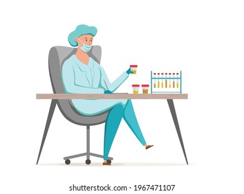 Urine Test Medical laboratory diagnosis research vector illustration. Scientist woman wearing lab coat examination analysis sample holding Plastic Container with Urine Sample and Litmus in Hands.  