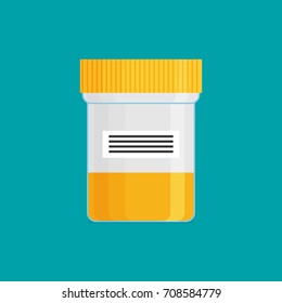 Urine test in a plastic jar. Flat design