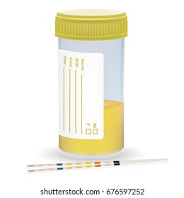 Urine Test Strip With The Plastic Jar Of Urine. Medical Examination Isolated On A White Background. Realistic Vector Illustration.