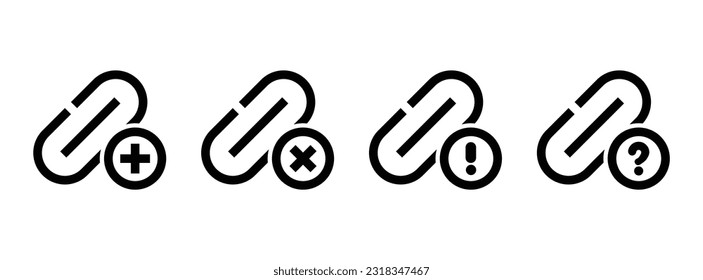 Url link vector icon set. Internet connection with exclamation mark, error, alarm, danger symbol. Chain, permalink, interlink sign