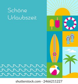 Schöne Urlaubszeit - texto en alemán - Felices vacaciones. Tarjeta de verano con sol, mar, palmera, tabla de surf, playa y chanclas.