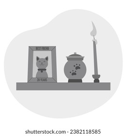 Urn with the ashes cartoon vector illustration. Urn with the ashes of a cat, photo and burning candle. Memorial day of domestic animal