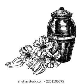 Urn for ashes. Сremation ceremony vase. Urn with ashes of deceased with white lily flower. Sorrow and memory symbol. Vector sketch illustration for condolence card. 