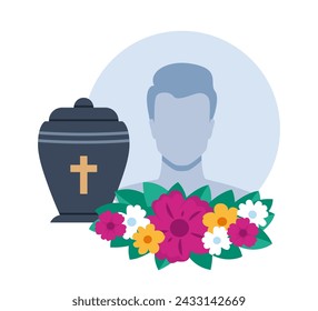 Urn with ashes. Dead man portrait and flowers. Dead young guy photo. Funeral ceremony. Ritual service. Vector illustration