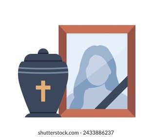 Urn with ashes. Dead woman portrait. Dead young girl photo. Funeral ceremony. Ritual service. Vector illustration