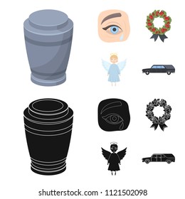 The urn with the ashes of the deceased, the tears of sorrow for the deceased at the funeral, the mourning wreath, the angel of death. Funeral ceremony set collection icons in cartoon,black style
