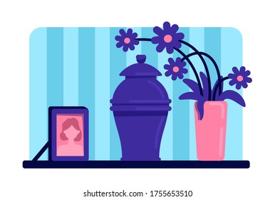 Urn With Ashes Flat Color Vector Illustration. Funeral Tradition. Dead Woman Portrait And Flowers On Table. Home Living Room 2D Cartoon Interior With Deceased Female Picture On Background