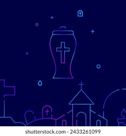 Urn with the ashes gradient line vector icon, simple illustration on a dark blue background, funeral related bottom border.