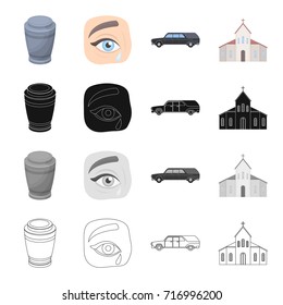 An urn with ashes, tears at a funeral, a ceremonial hearse, a church. Funeral ceremony set collection icons in cartoon black monochrome outline style vector symbol stock illustration web.