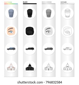 An urn with ashes, tears at a funeral, a ceremonial hearse, a church. Funeral ceremony set collection icons in cartoon black monochrome outline style vector symbol stock illustration web.