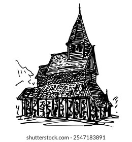 Urnes Stave Church at Ornes, Norway. Historical religious architectural monument. Hand drawn linear doodle rough sketch. Black and white silhouette.