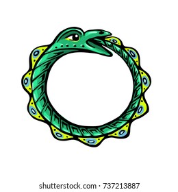 Uroboros. The green snake eats its own tail. Eternity or infinity Magic symbol. Mythology and snakes, stylized vector illustration.