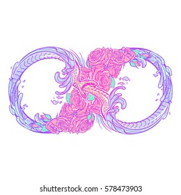 Uroboros serpent. Artistic decorative interpretation of the mathematical symbol with snake consuming its tail and rose garland. Concept design for the tattoo, colouring book or postcard. EPS10 vector.