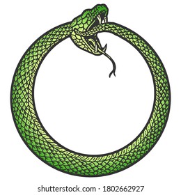 Uroboros, snake coiled in a ring, biting its tail. Scratch board imitation. Black and white hand drawn image.