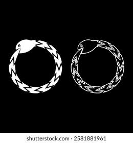 Uroboros Zhulong snake eating own tail coiled in ring Ouroboros serpent set icon white color vector illustration image solid fill outline contour line thin flat style