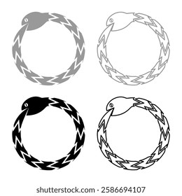 Uroboros Zhulong snake eating own tail coiled in ring Ouroboros serpent set icon grey black color vector illustration image solid fill outline contour line thin flat style