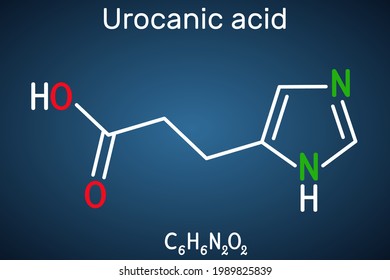 Urocanic acid molecule. It is intermediate product in the metabolism of histidine. Structural chemical formula on the dark blue background. Vector illustration