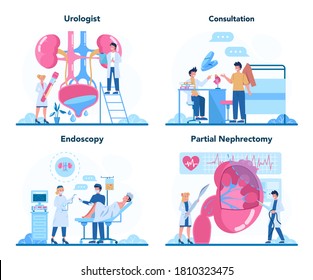 Urologist Concept Set. Idea Of Kidney And Bladder Treatment, Hospital Care. Kidney Examination Endoscopy, Partial Nephrectomy. Urology, Internal Human Organ. Vector Illustration In Cartoon Style