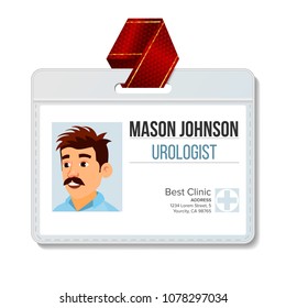 Urologist Identification Badge Vector. Man. Name Tag Blank. Health. Doctor. Medical Face. Isolated Cartoon Illustration