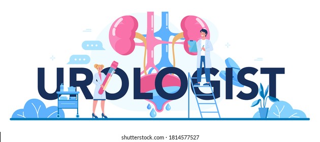 Urologist Typographic Header. Idea Of Kidney And Bladder Treatment, Hospital Care. Kidney Examination Endoscopy, Partial Nephrectomy. Urology, Internal Human Organ. Vector Illustration