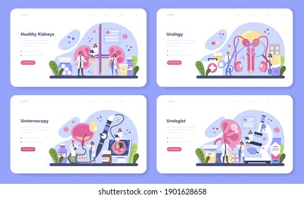 Urologist Web Banner Or Landing Page Set. Idea Of Kidney And Bladder Treatment, Hospital Urology Care. Ureteroscopy, Internal Human Organ Check. Vector Illustration In Cartoon Style