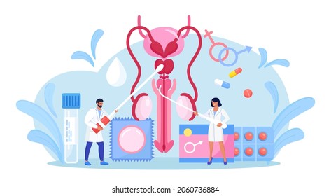 Urology Concept. Urologist Examining Male Reproductive System. Kidney And Bladder Treatment, Hospital Care. Doctors Diagnosis Sexually Transmitted, Venereal Diseases. Bacterial Infection