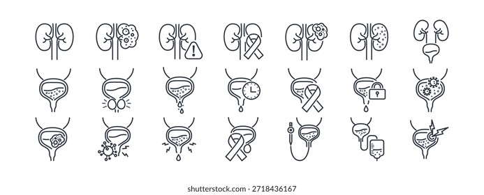 Conjunto de íconos de urología con enfermedades renales, afecciones de la vejiga y salud de la próstata en estilo de línea limpia para Sitios web médicos y aplicaciones de atención médica. Vector. Trazo editable