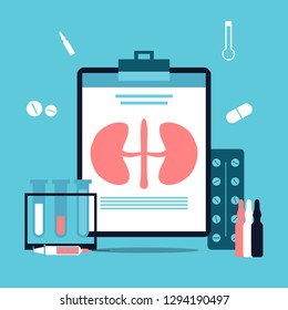 Urology medicine. Genitourinary surgery, medicine and pharmacy, therapy and urodynamic studies. Vector illustration. Kidneys, pills, pharmacy