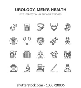 Urology Vector Flat Line Icons. Urologist, Bladder, Kidneys, Adrenal Glands, Prostate. Linear Medical Pictograms With Editable Stroke For Clinic, Potency Problem. Pixel Perfect 64x64.