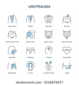 Urotrauma symptoms, diagnostic and treatment vector icons. Medical icons.