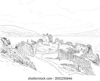 Urquhart Castle. Scotland. Hand drawn city sketch. Vector illustration.