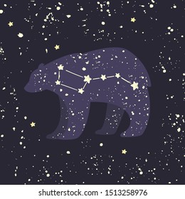 Ursa major. Big bear constellation in the night starry sky. Vector illustration