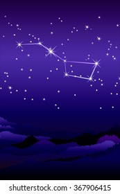 Ursa Major constellation or The Greater or larger she-bear with a group of seven relatively bright stars commonly known as the Big Dipper. Night sky and landscape with mountains and hills silhouette.