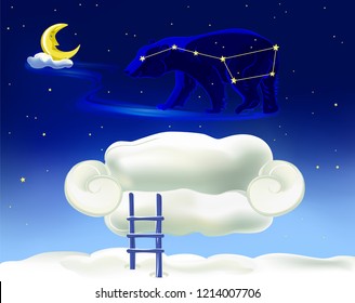 Ursa Major constellation on night sky and the sofa cloud with a ladder. Great Bear constellation (with lines). Vector illustration.