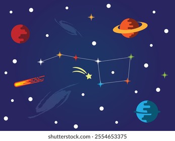 Ursa Major Constellation In Starlit Sky with Planets. Exploring space and science vector art