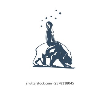 Ursa Major. Cute polar bear. The great bear star. Vector illustration with girl