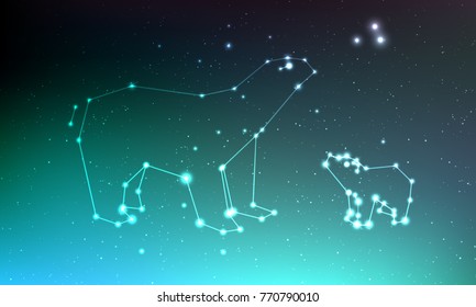 Ursa major and ursa minor constellation in night sky with lights, stars. Ursa in dark deep sky, line and shiny stars in one constellation