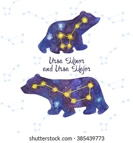 Ursa Major and Ursa Minor. Cute watercolor polar bears. The great bear stars. Vector card with constellation.